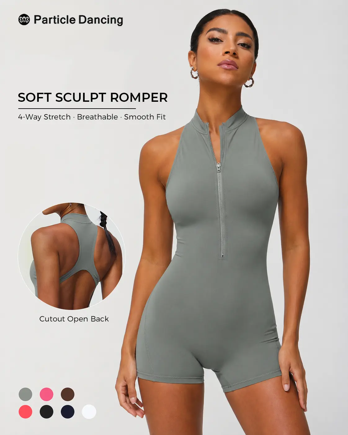 Women’s Open Back Romper, Zip Front High Neck Workout Jumpsuit with Sculpted Stretch Fit, Sleeveless Athletic Short Outfit for Yoga, Pilates, Studio to Street & Everyday Wear