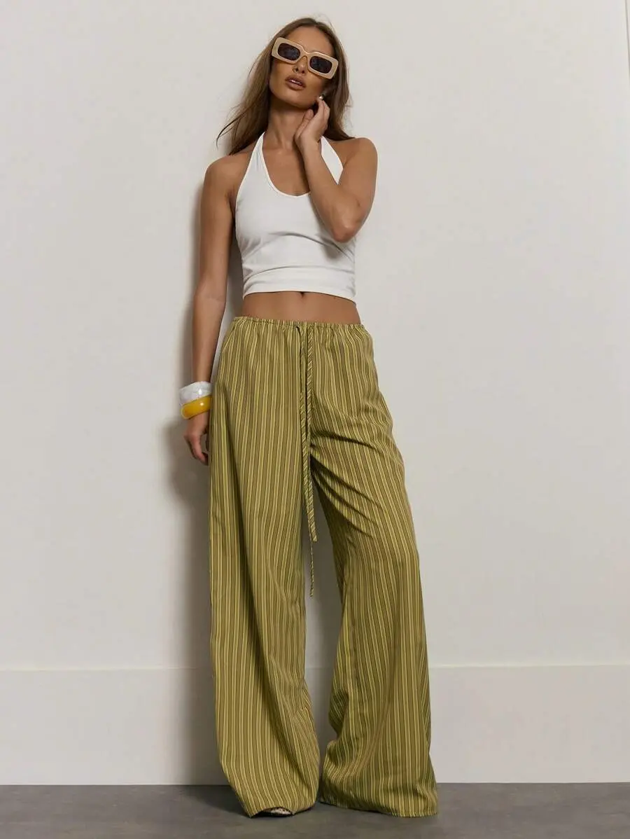 Stripe Drawstring Wide Leg Trousers Cute Holiday Vacation Casual Elegant Beach Linen Style Trousers Collective