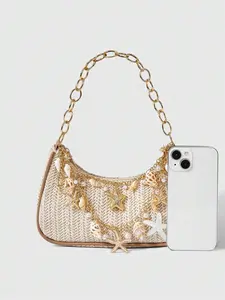 Summer Beach Starfish Series Woven Shoulder Bag/Tote Bag, Beach Bag, Straw Handbag (Decoration Placement Random)  1pc