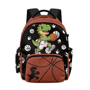 Basketball Dino Kids Rucksack Lightweight Boys School Backpack with Multiple Pockets Large Capacity Cartoon T Rex Print Daybag for Snacks Books PE Kit Durable Primary School Bag Adjustable Padded Straps Back to School Supplies Cool Graphic Print Bag