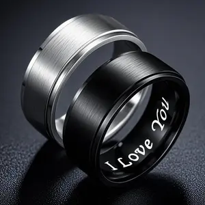 Black/Silver Steel Partner Rings for Men/Women, Matte Look, Rounded Edge, with 'I Love You' Engraving, Comfortable Fit Sterling Cushion Cut Engagement hustle promise ring gf creative letter moon ring black tungsten left  hand  ring