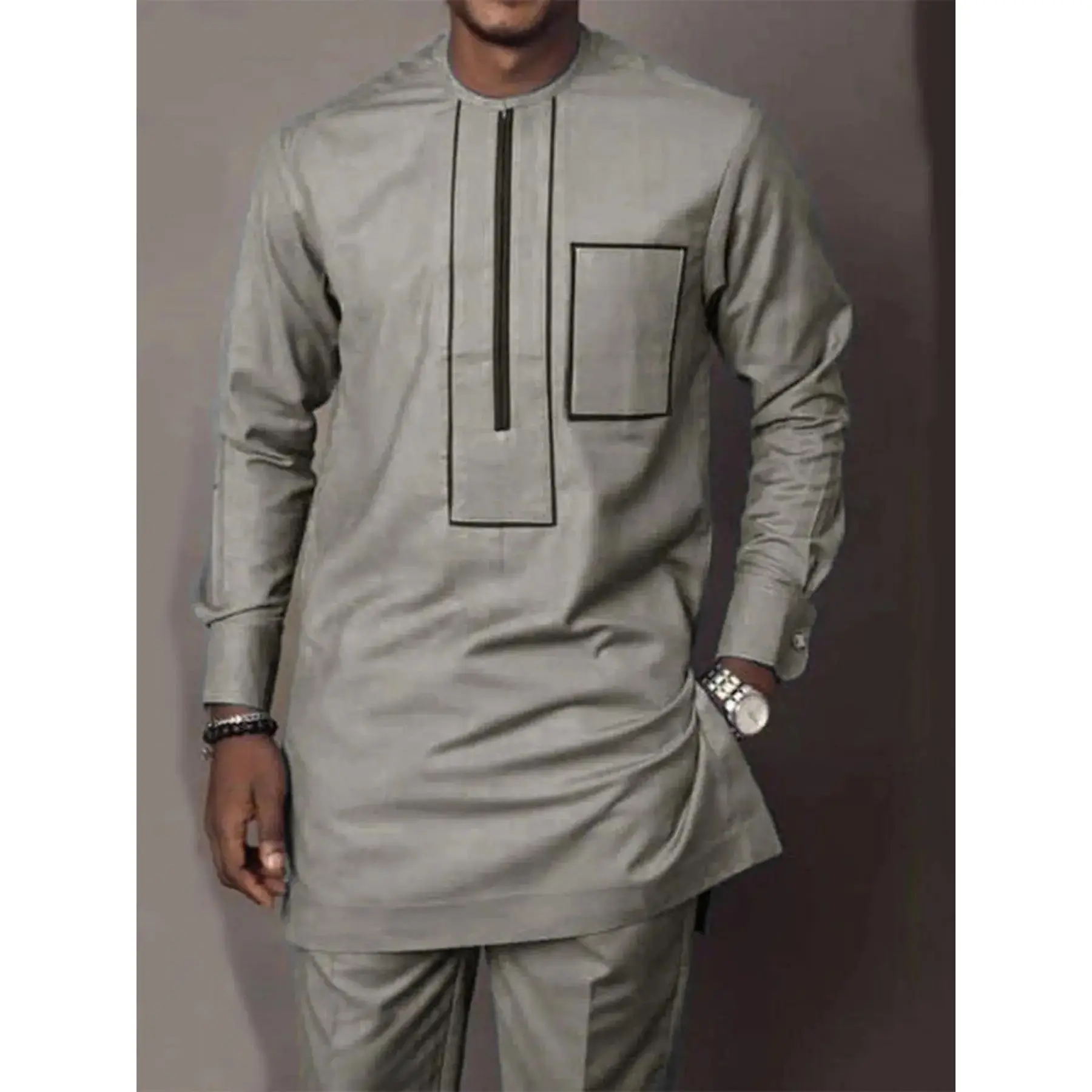 YYW1 Men's Traditional Muslim Set, Embroidered Round Neck Tunic and Formal Wear Pants, Wedding Guest Attire, Men's 2 Piece Sets, Long Sleeve, 2-Piece Set, Unique Appeal