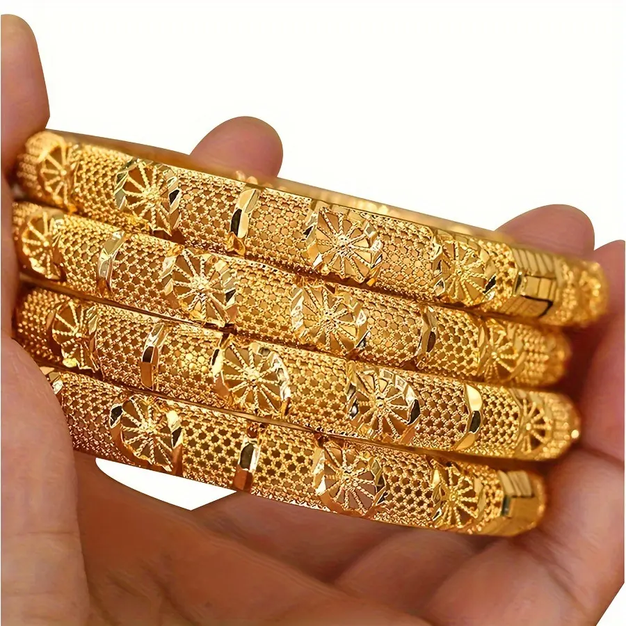 Women's 2pcs Chunky Gold Plated Copper Layered Bracelets - Elegant Exquisite Bangle, Gold Plated Bands for Dubai Arabian Wedding Costume Jewelry