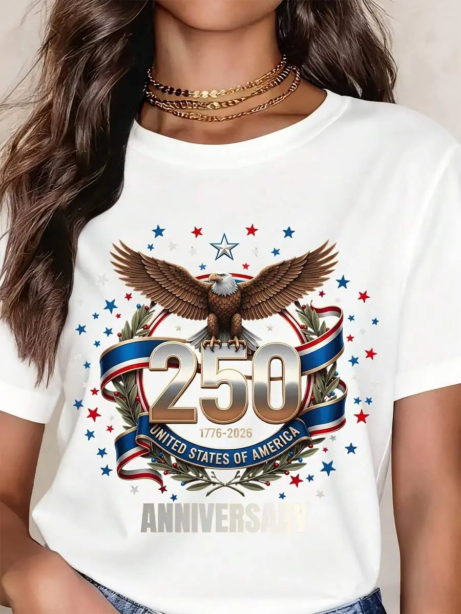 Women's Street Style Cotton T-Shirt - Round Neck Top with USA 250th Anniversary Eagle Graphic, Geometric Design for Outdoors, Tshirt