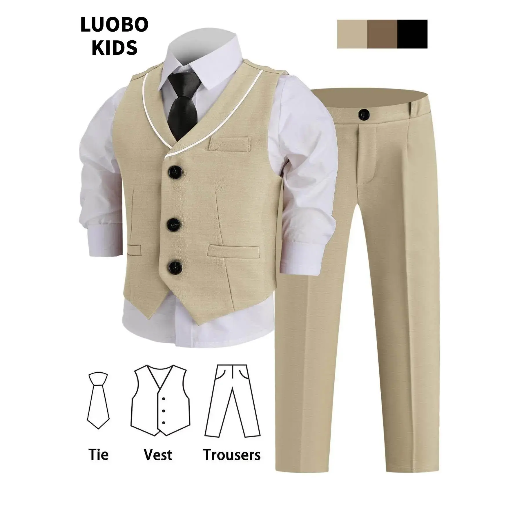 Boys' Slim-Fitting Woven Plain 3-Piece Formal Set (Vest + Pants + Tie) - Elastic Waistband, Preppy Look, Page Boy Suit for Weddings, Special Occasions (Excluding Shirt) - 24102, Three Pieces, Three Piece Sets