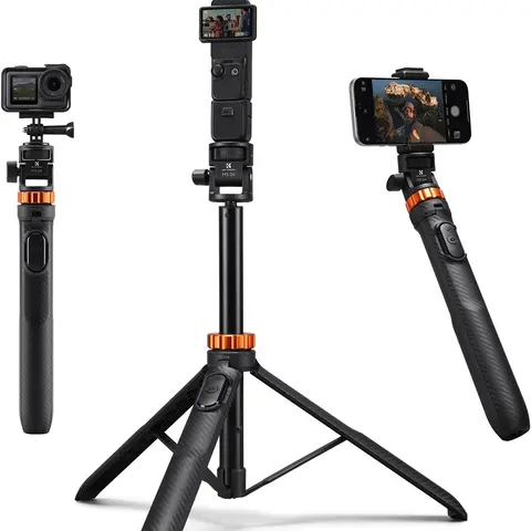 K&F CONCEPT Adjustable Silicone-Rubber Cellphone Holder, 69" Extendable Bluetooth Selfie Stick Tripod Light Stand with 1/4" Screw, Button Remote, Compact Storage, Compatible with DJI OSMO 360 Pocket 3/XTRA, iPhone 17, Action Cameras, Projectors
