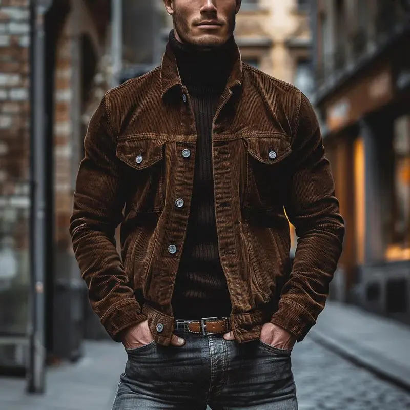 Cross-Border Bestseller: New Autumn/Winter Men's Jacket-Pocketed Corduroy, Long Sleeve, Western-Style Striped Lapel Coat-Retro Business & Commuter Wear