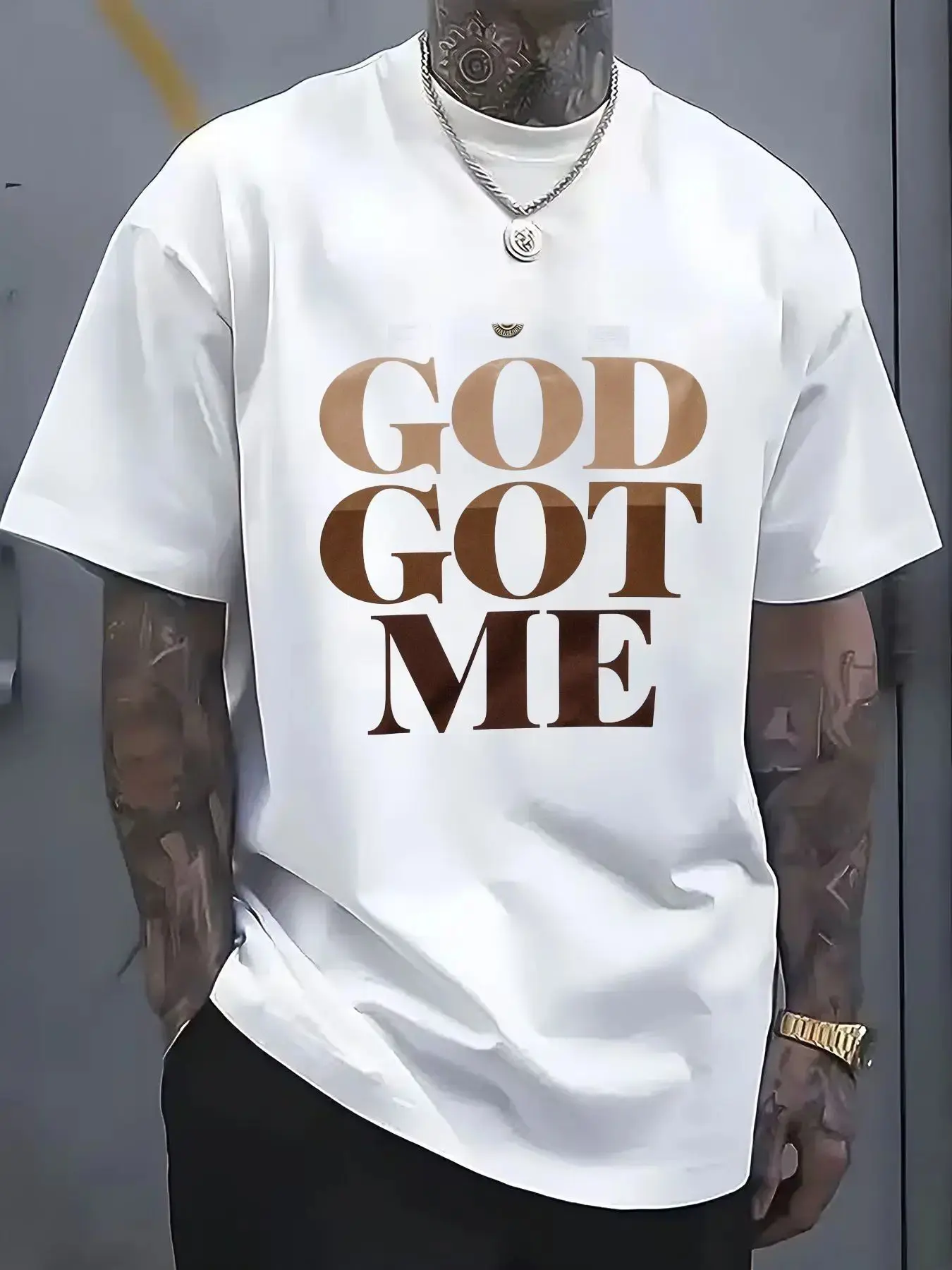 Men's Graphic Tees - White Short-Sleeved Sports Top, Bold Print with Gradient Text & Crown Emblem, Casual Style for Casual Attire, Tops, Sporty Chic