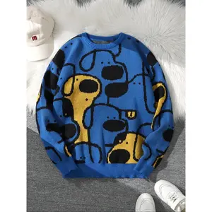 Autumn-Winter Cute Dog Jacquard Knit Sweater with Long Sleeves, Casual Crew Neck Pullover for Men & Women, Suitable for Daily Wear & Autumn