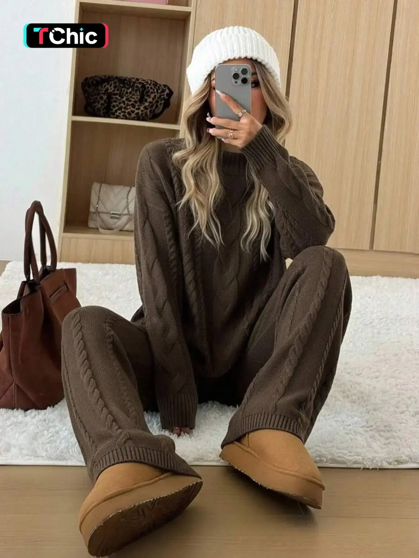 Women's 2 Pcs Sweater Set Turtle Neck Long Sleeve Cable Knit Solid Color Sweater Top and Wide Leg Pants Set, Autumn Winter Casual Loose Fit Daily Home Stylish Comfortable Cozy Loungewear Set, Fall Pants Set for Women, 2 Piece Sweater Set for Women
