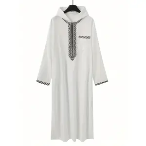 Adha Thobe - White Blend Traditional Arabic Cultural Robe with Black Embroidery, Round Neck, Hand Washable, All-Season Wear for Festive Occasions
