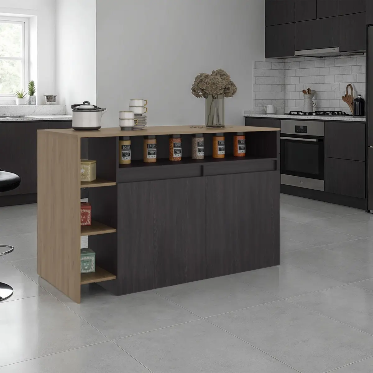 Elgin Durable Wood Kitchen Bar Counter Cupboard Combo - Ready-to-Assemble Engineered Wood Indoor Storage Unit, Ample Shelves, Hidden Doors, Space-Saving, Easy Care, 25.70x55.10x35.40 in (35.4"h x55.1"w x24.4"d), 136.93 lbs (Black Wengue/Natural Oak)