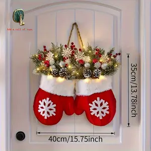 Christmas Glove Wreath with 20 LED Lights, Christmas Wreath for Front Door with Artificial Pine Branches, Red Berries, and Frosted Pine Cones, Suitable for Indoor/Outdoor Decoration, Used for Christmas Tree, Wall Decoration