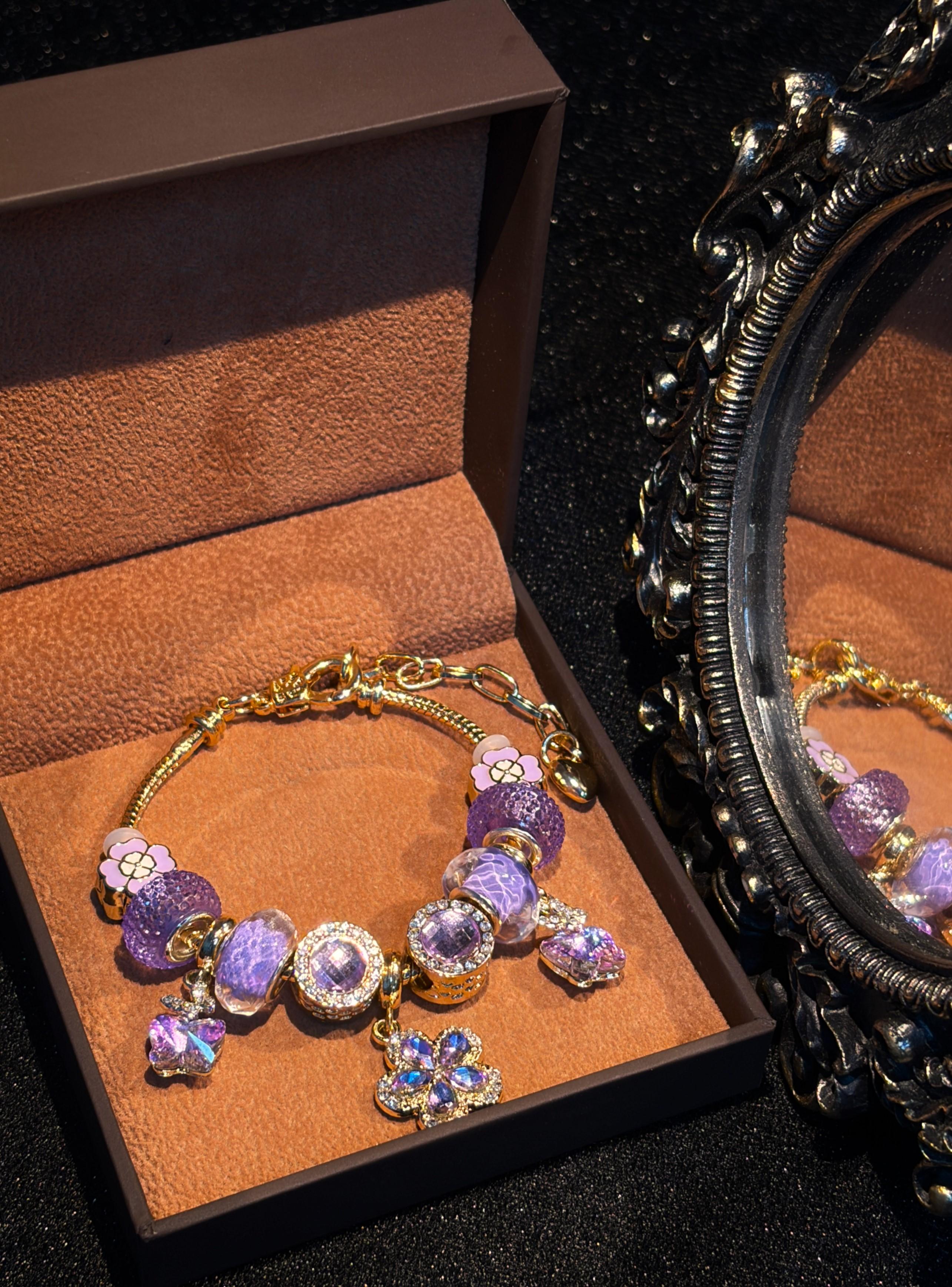 Women's Gold-Tone Adjustable Snake Chain Stackable Charm Bracelet with Sparkly Purple Flower, Butterfly Glass Bead Charms - Trendy Costume Jewelry Gift for Ladies Women's Gold-Tone Adjustable Snake Chain Stackable Charm Bracelet with Sparkly Purple Flower, Butterfly Glass Bead Charms - Trendy Costume Jewelry Gift for Ladies