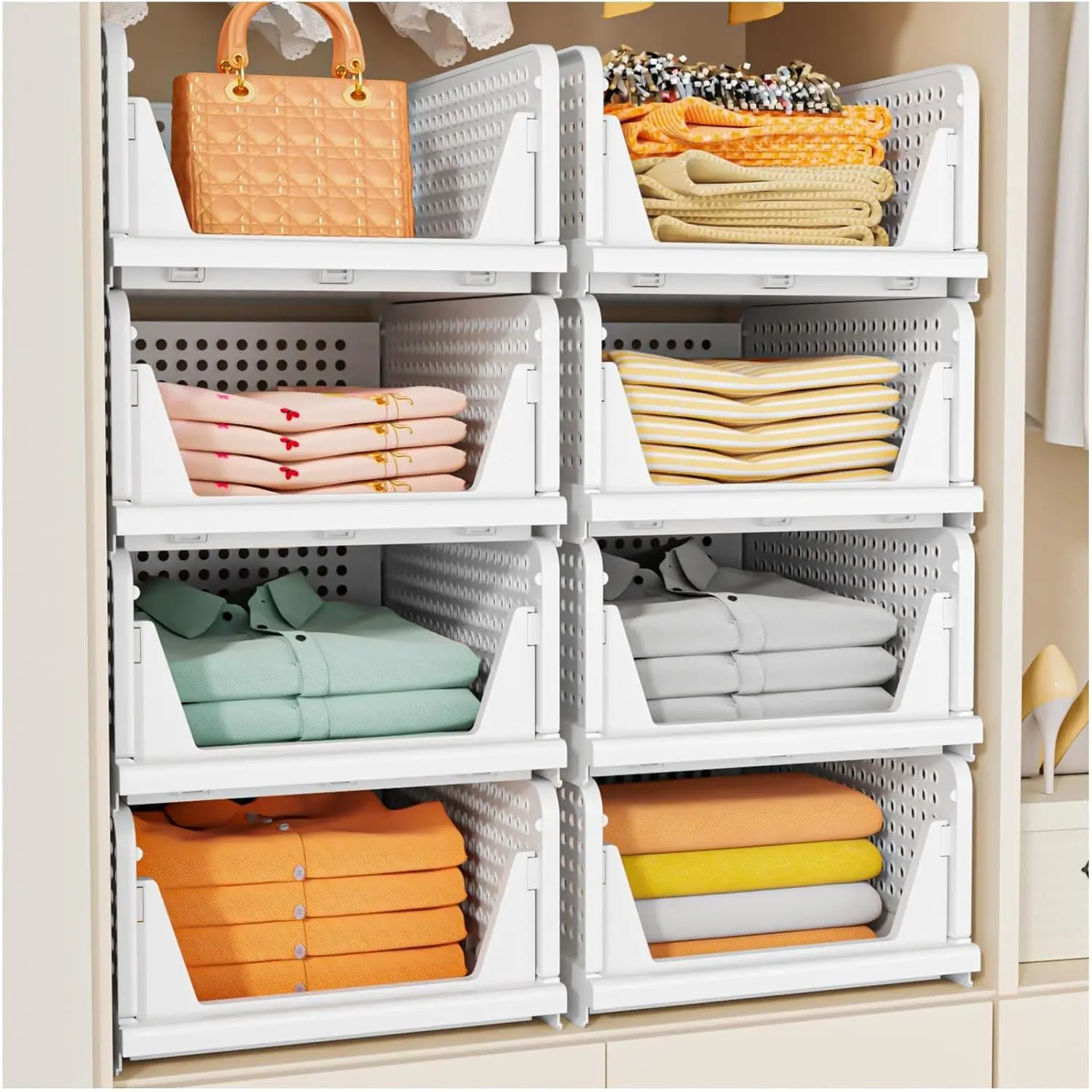 5-piece stackable wardrobe storage basket, multifunctional foldable wardrobe organizer, suitable for bathroom, kitchen, laundry room, wardrobe storage, space-saving clothing storage drawer organizer, white