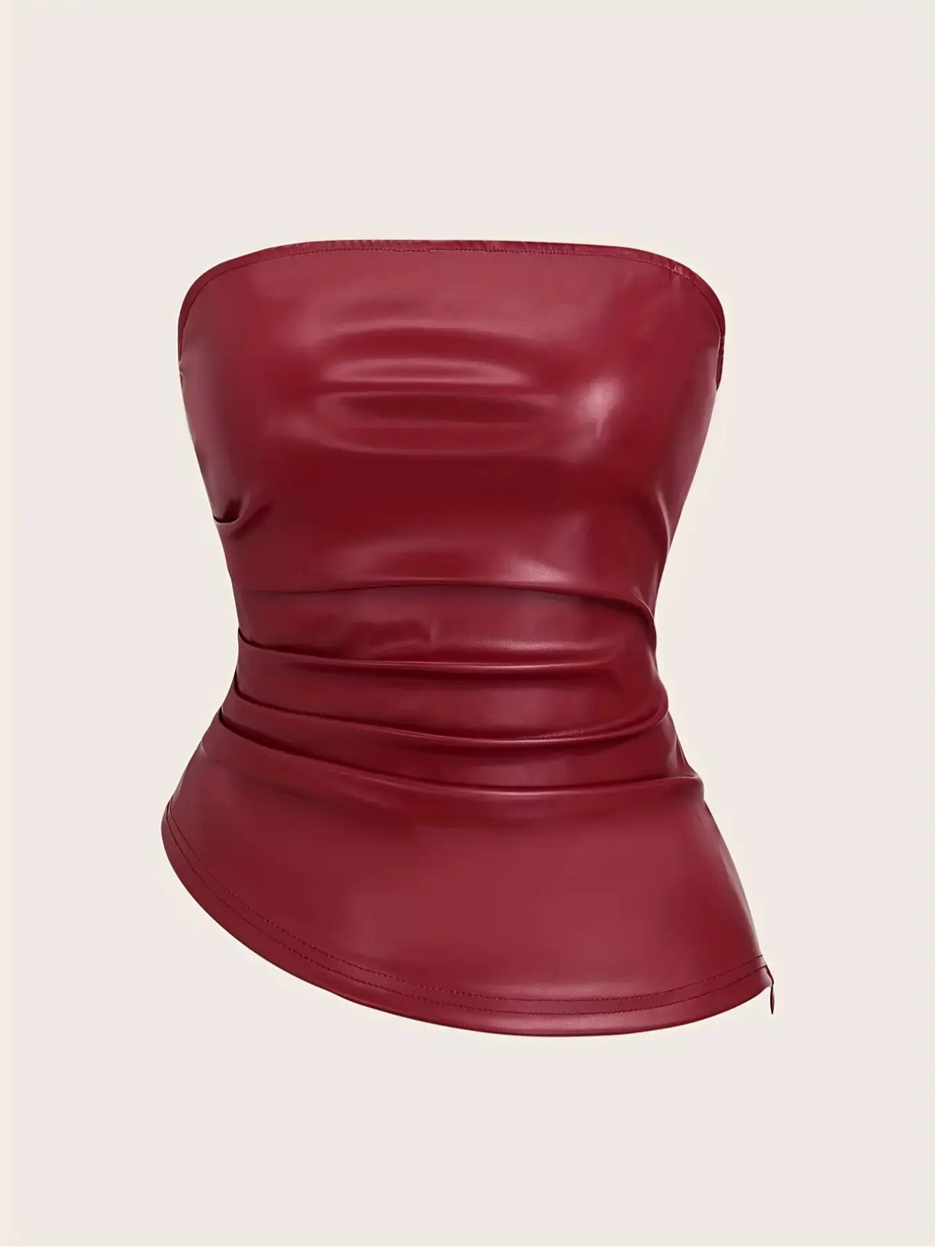 Burgundy Leather Elegant Sleeveless Halter Top, Fashionable Smooth Ruched Asymmetrical Side Zipper, High Street Sexy Fitted Women's Sleeveless Shirt Lady, Womenswear
