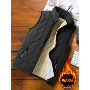 Men's solid color vest with thermal lining and zippered pockets, regular fit, casual sleeveless, fleece-lined outerwear for autumn and winter, black vest for everyday wear and going out.