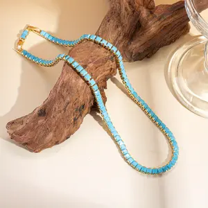 1 Piece Spring Summer Fashion Elegant Square Blue Turquoise Necklace, Vintage Bohemian Style Necklace, Detachable Extension Buckle Design, Unisex, Copper Plated with 18K Gold, Hypoallergenic and Anti-Oxidation, Exquisite Jewelry for Spring Summer Daily We