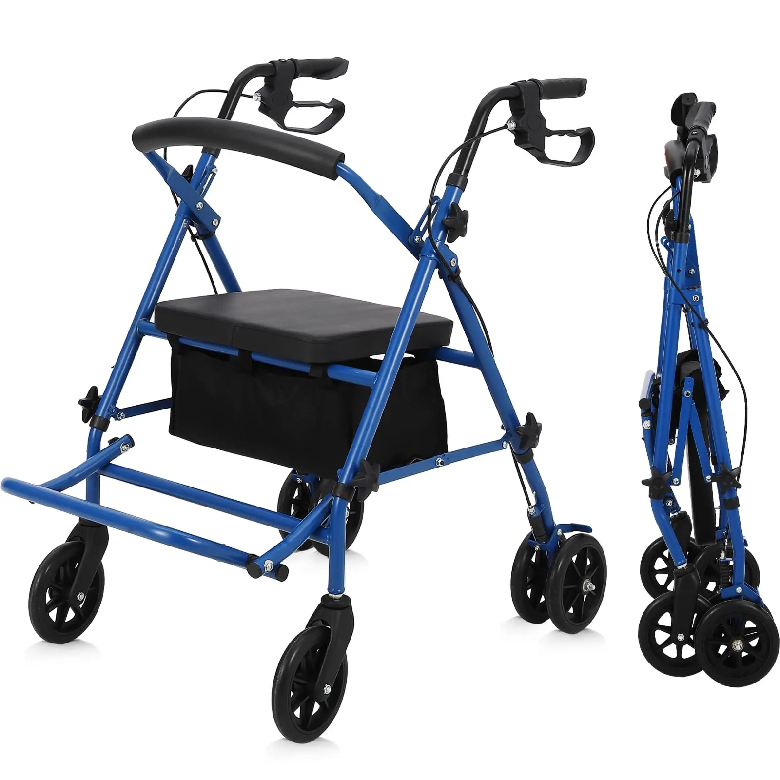2-in-1 Walker with Seat (Walker & Wheelchair Combo), Narrow Foldable Aluminum Mobility Aid for All Terrains, 6-Inch Wheels, Seat Backrest & Storage Basket for Seniors