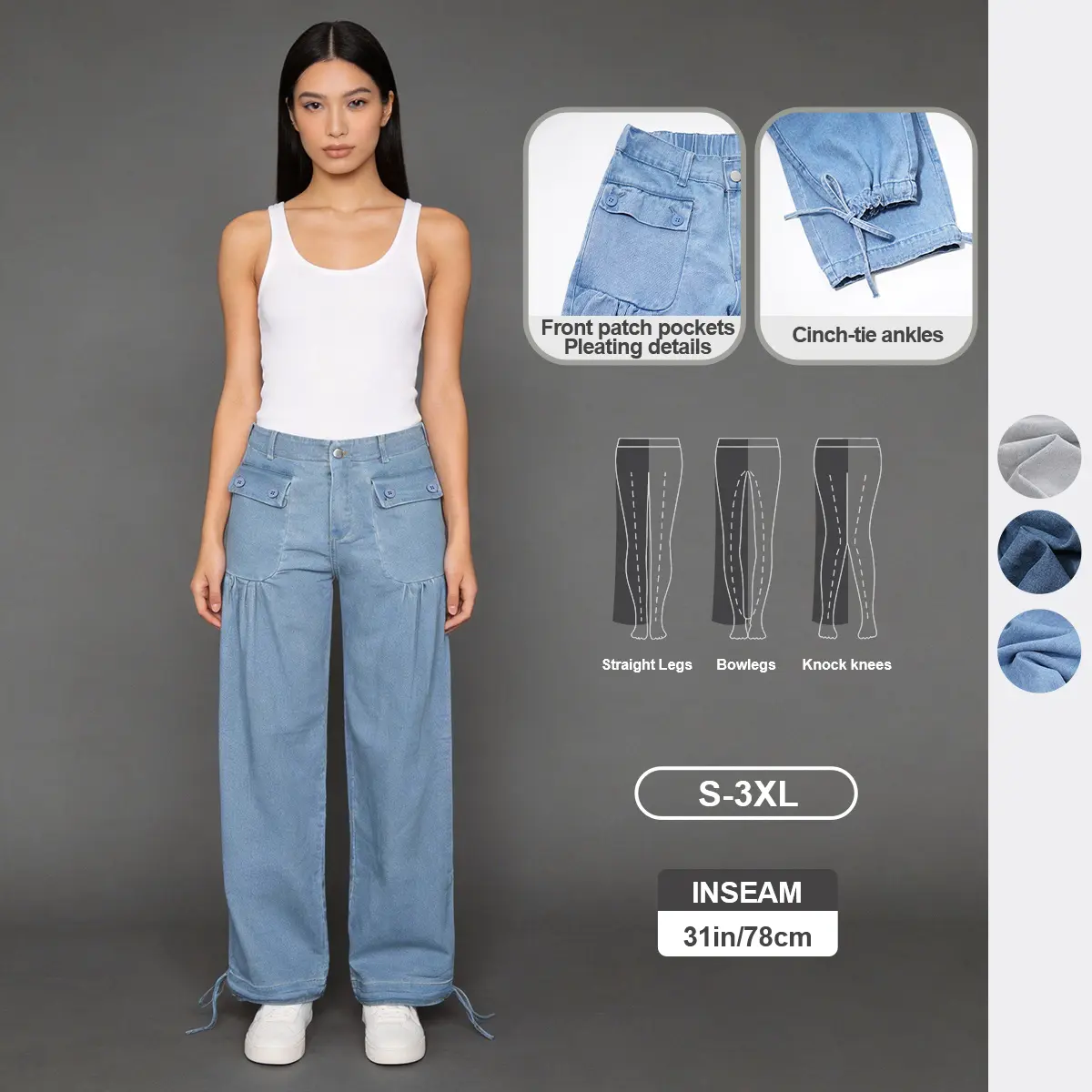 Pwest NYC Women's Lotus Tube Jeans - Mid Rise, Front Pockets, Ankle Ties, All-Season Casual Streetwear Denim Bottom Pants (Sports & Outdoor Bottoms)