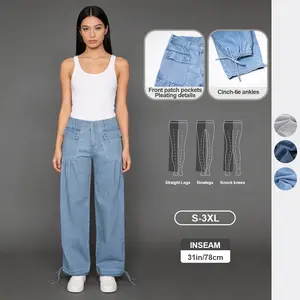 Pwest Lotus Tube Jeans Mid Rise Front Pockets & Ankle Ties Casual Fashion Denim Trousers for All Seasons