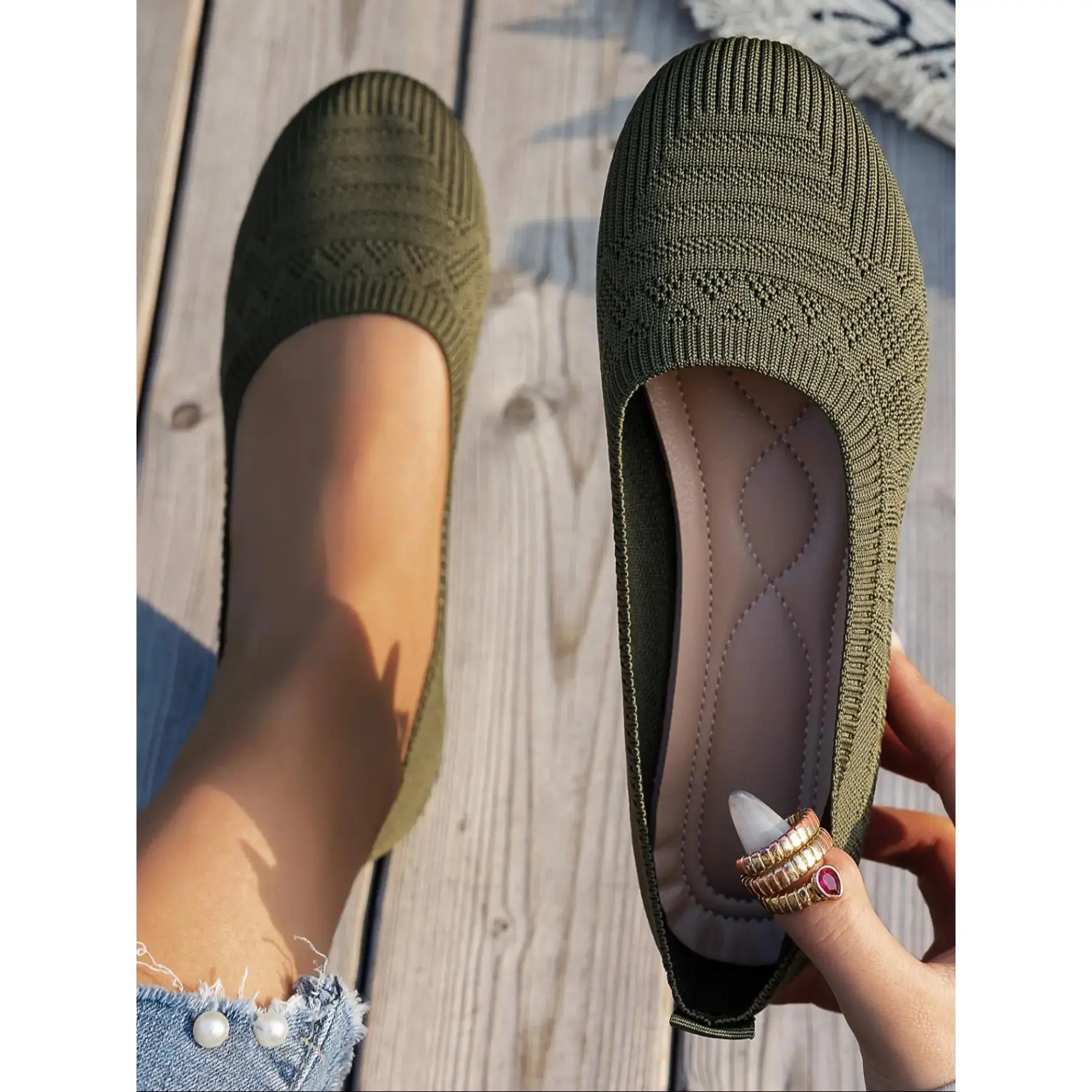 Women's Ballet Flats, Round Toe Mary Shoes, Adjustable Comfortable Knit-Ons, Classic Daily Wear, Rubber
