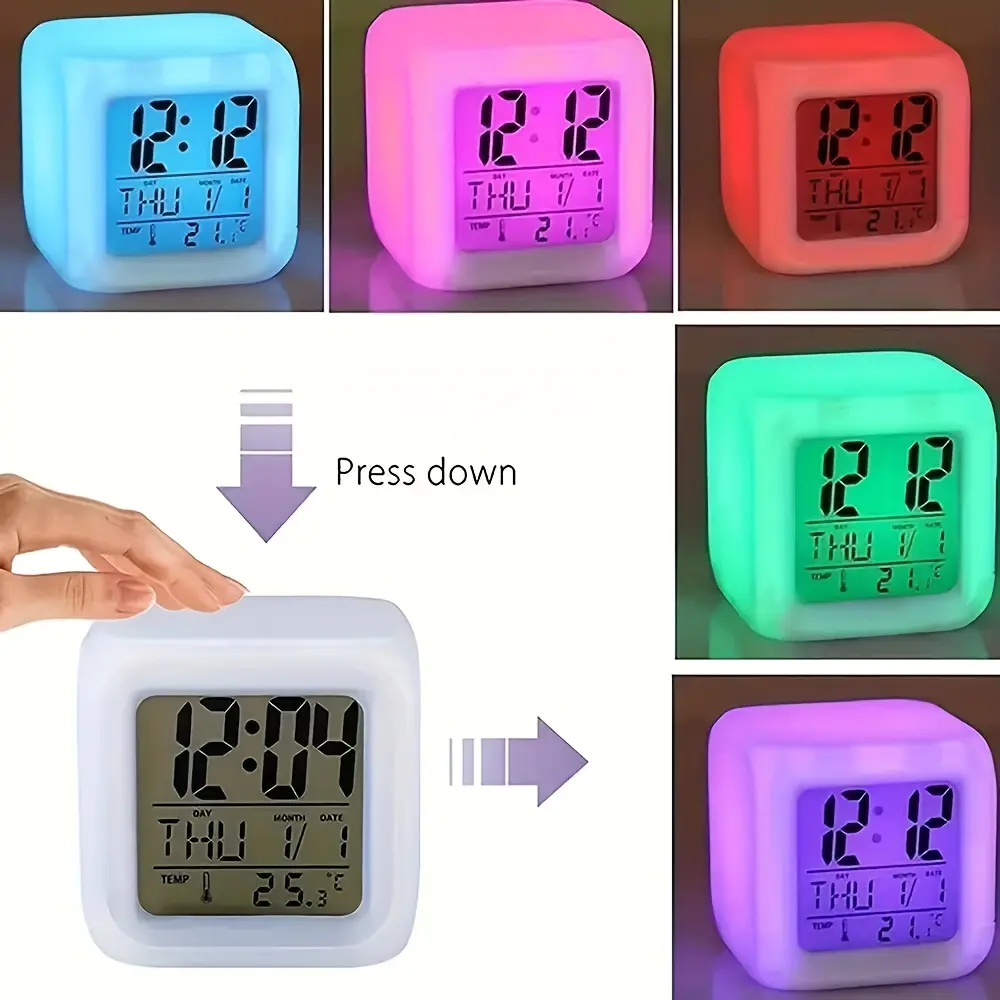 7-Color Desktop Cube Digital Alarm Clock with Colorful Lights, Multi-Mode Night Light, for Bedroom, Office, Home Decor (Batteries Not Included)