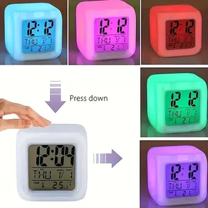 7-Color Desktop Cube Digital Alarm Clock with Colorful Lights, Multi-Mode Night Light, for Bedroom, Office, Home Decor (Batteries Not Included)