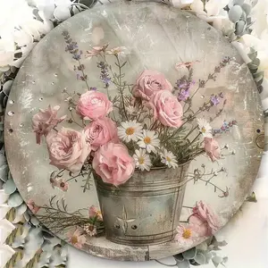 1pc Vintage Floral Metal Wall Decor, Round Plaque With Romantic Planter Design, 2D Printed Home Decoration, Indoor/Outdoor Compatible, Farmhouse Style Tin Art, Suitable For Home, Restaurant, Cafe, Garage - 8" X 8"