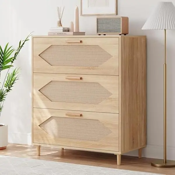 3-Drawer Rattan Bedroom Dresser - Wood Frame Rectangular Storage Chest with Ample Space, Legged Base, Rustic Oak Nightstand for Bedroom & Living Room, Easy Assembly Closet Organizer