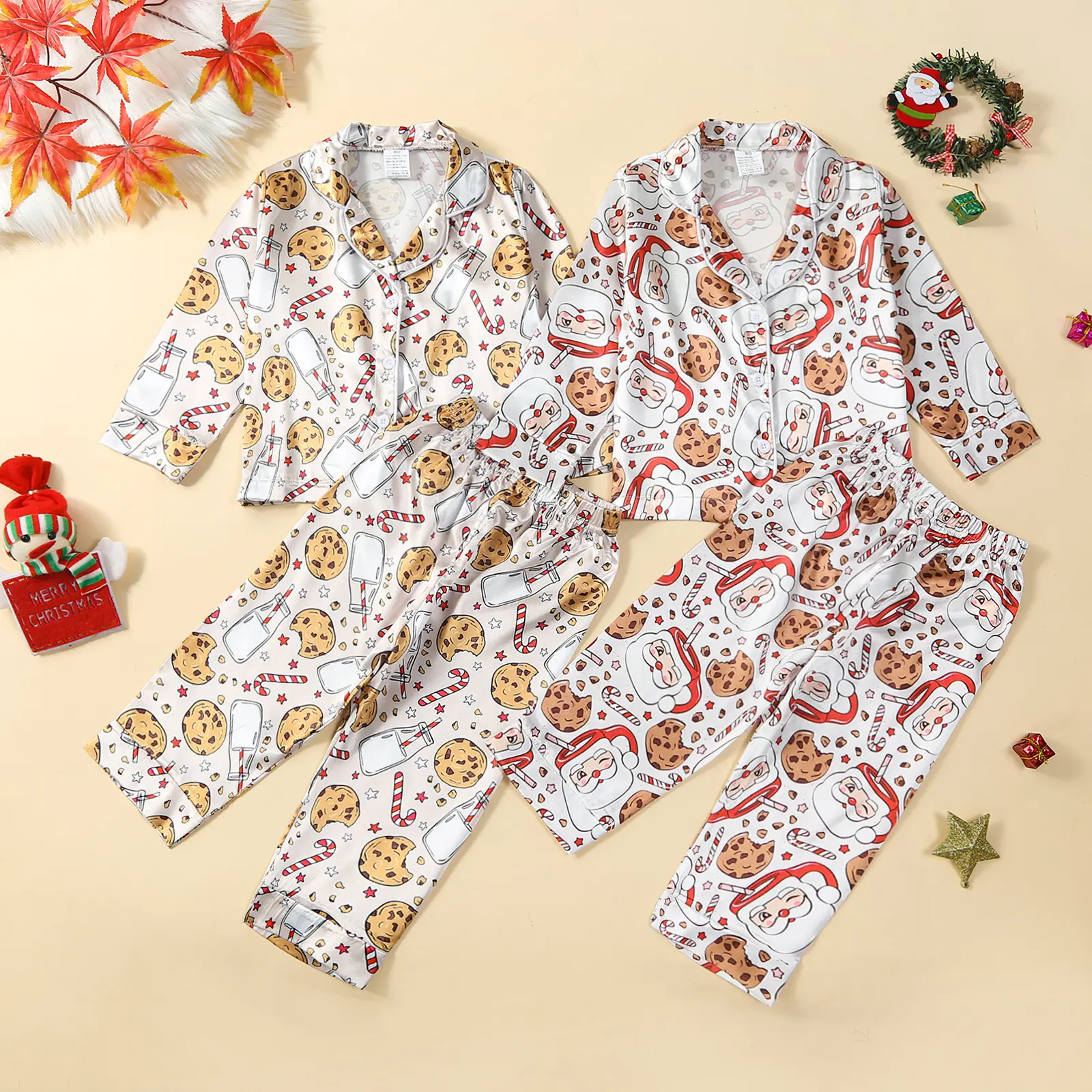 CPZVUCAK Kids Christmas Pajamas Set, Santa Claus Cookie Print Long Sleeve Tops with Pants Sleepwear