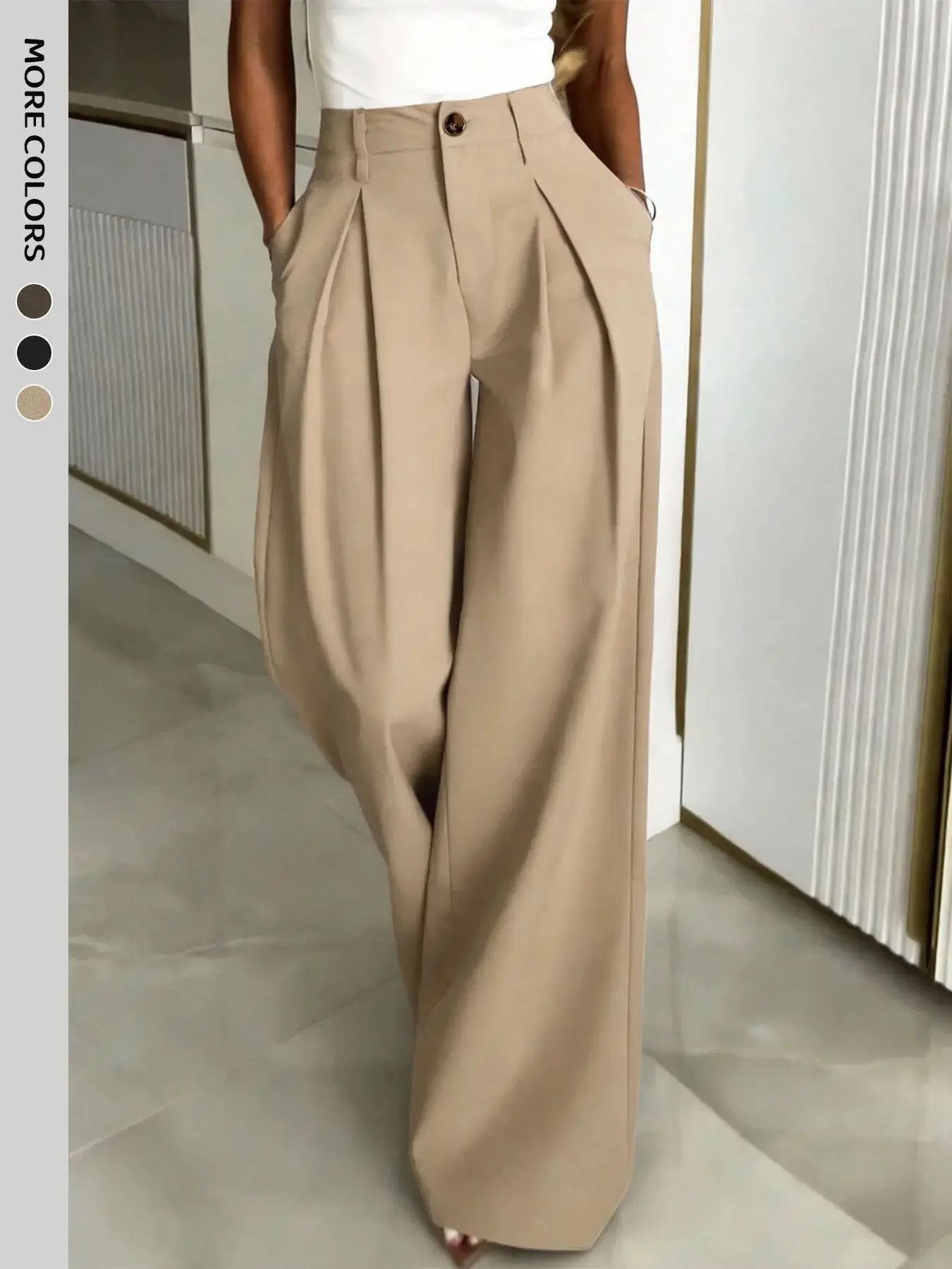 Women's Elegant Pants Solid Color Wide Leg Elastic Waist Long Pants Casual Soft Business Straight Leg Bottoms Daily Life Work Time Club Wear Going Out Party Formal Outfit Womenswear Casual Loose Pants