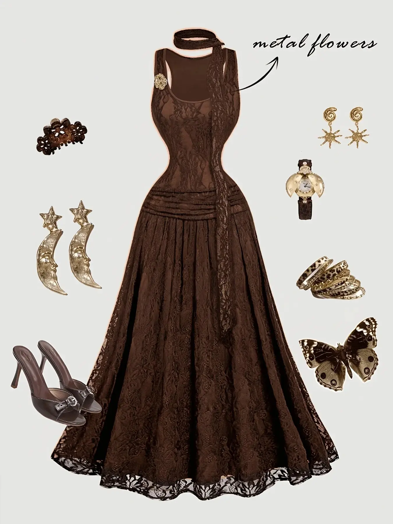 Elegant Lace Sleeveless Dress, Vintage Victorian Style, Halloween Costume, Party Gown, Evening Dress with Pin and Ribbon