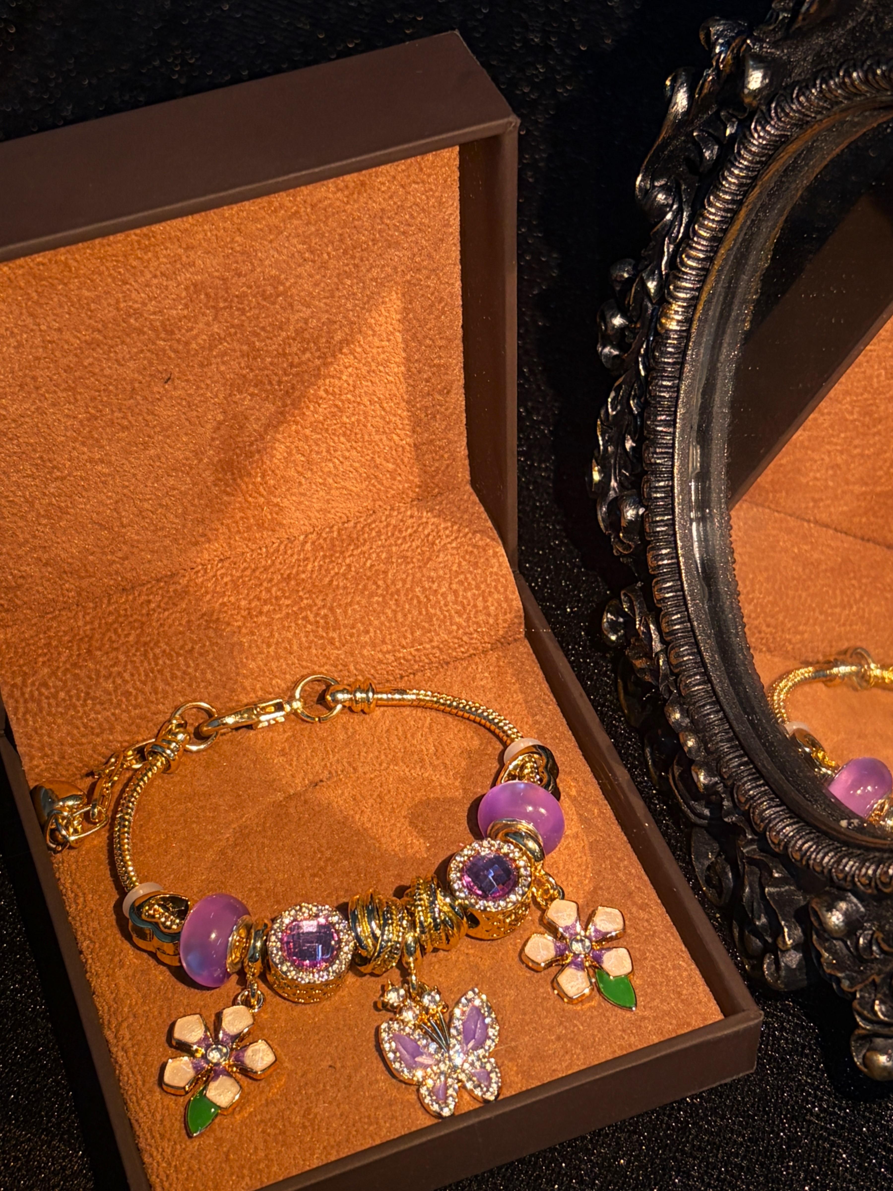Vintage Gold Tone Snake Chain Charm Bracelet, Purple Crystal Butterfly & Enamel Flower Dangle Charms Beaded Bracelet, Hypoallergenic Stackable Statement Jewelry, Women Girls Daily Party Gift Bracelet Vintage Gold Tone Snake Chain Charm Bracelet, Purple Crystal Butterfly & Enamel Flower Dangle Charms Beaded Bracelet, Hypoallergenic Stackable Statement Jewelry, Women Girls Daily Party Gift Bracelet