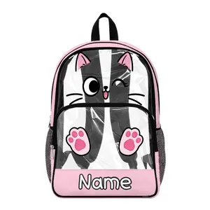 Personalised Cute Cat Backpack Custom Name Pink School Bag for Girls Transparent PVC Rucksack Winking Kitten Print Kids Clear Bookbag Large Capacity Waterproof PE Kit Bag Back to School Gift for Daughter Nursery Essentials Lightweight Daypack