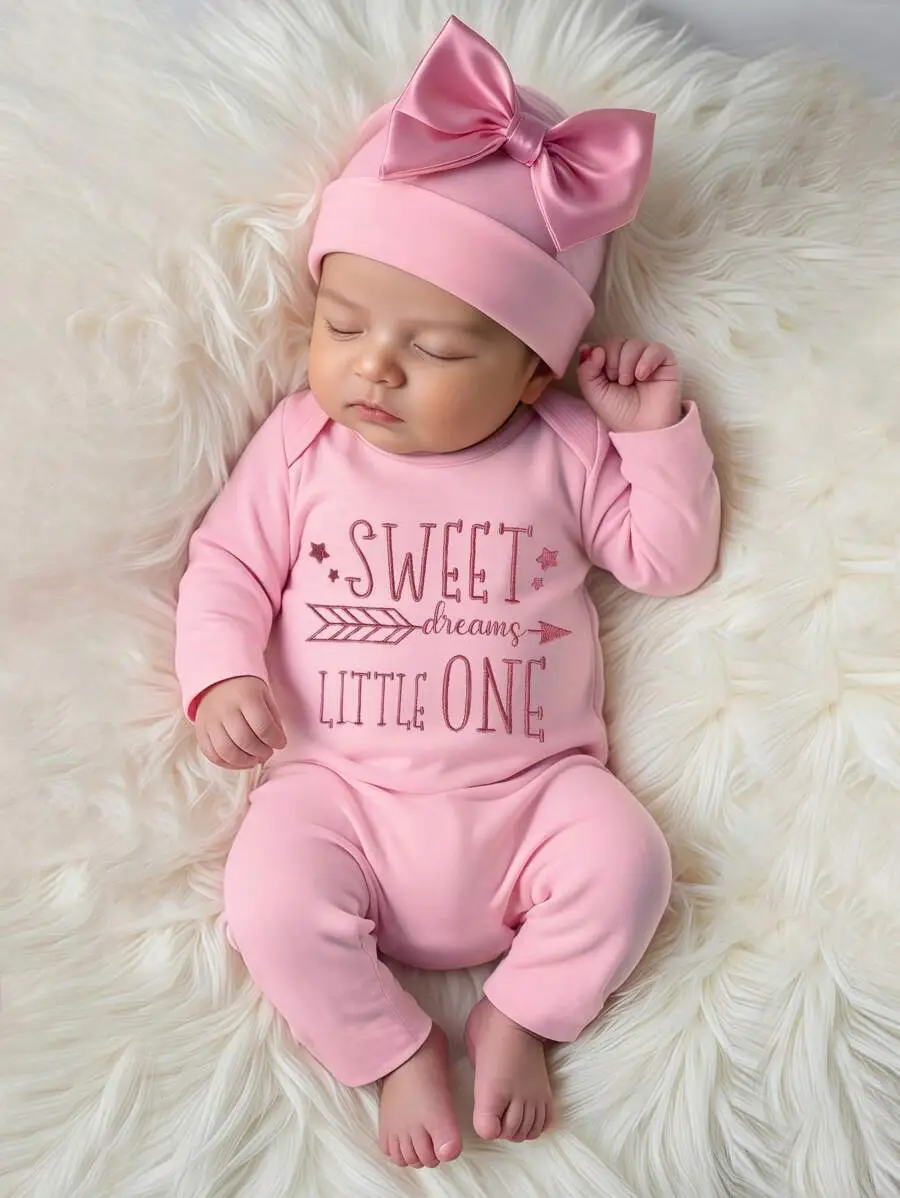 2pcs Newborn Outfit - Embroidered Letter Romper With Bow Headband, Cute & Sweet Princess Style, Loose & Comfortable, Suitable For 0-3 Months, Fit Fo