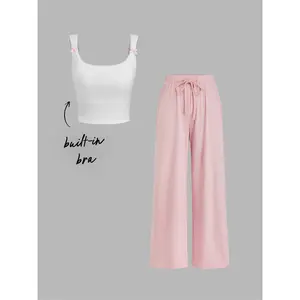 Cider [5 Colors, Size 2-10] Built-in Bra, Square Neck, Bow Tie, Lace Trim, Short Vest, Mid-waist Wide-leg Pants, Drawstring, Loungewear Set