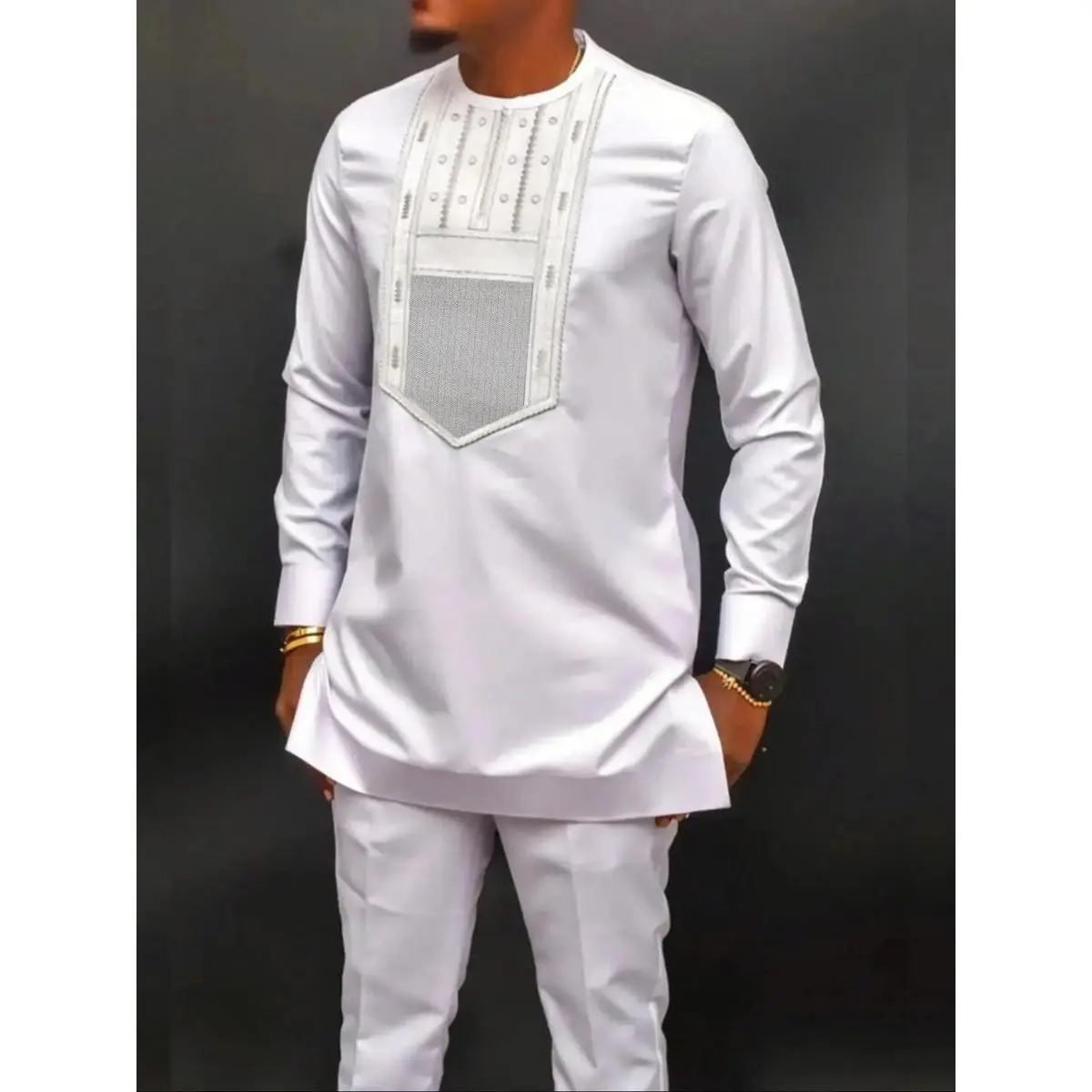 Men's Ornate Kaftan Set with Handcrafted Embroidery, Traditional Slim-Fitting Woven Solid 2-Piece Outfit for Weddings, Cultural Heritage Traditional Clothing, Dolman Sleeves, All Seasons