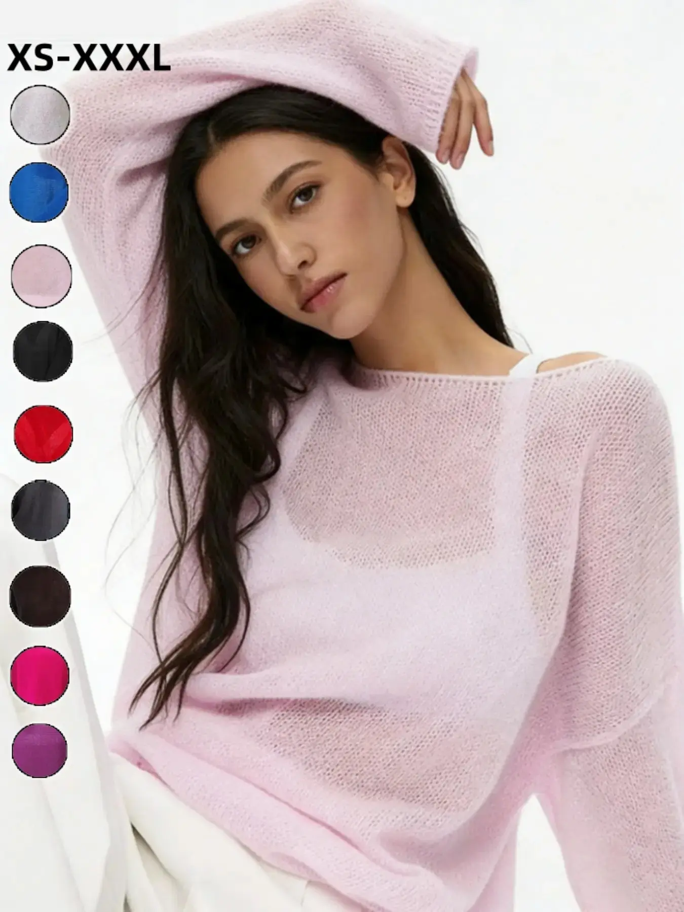 Women's Hollow-Out Knit Top Summer Breathable Beachwear Sun Protection, Loose Mesh Fabric, Sexy Round Neck Transparent Sweater,Can be worn with a bikini