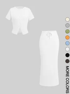 Women's Solid Basic Button Front Tee & Drawstring Split Hem Skirt Two-piece Set, Casual Short Sleeve Round Neck Top & Skirt for Daily Wear, Ladies Two-piece Outfits for All Seasons, Matching Clothing Set Women