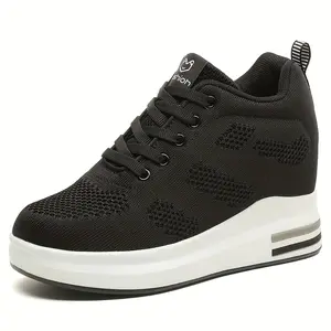 Breathable Black Invisible Height-Increasing Women's Shoes, Thick-Soled Casual Sneakers, Travel Shoes, Lace-Up Platform Wedge Heels, Versatile Mesh Shoes Women