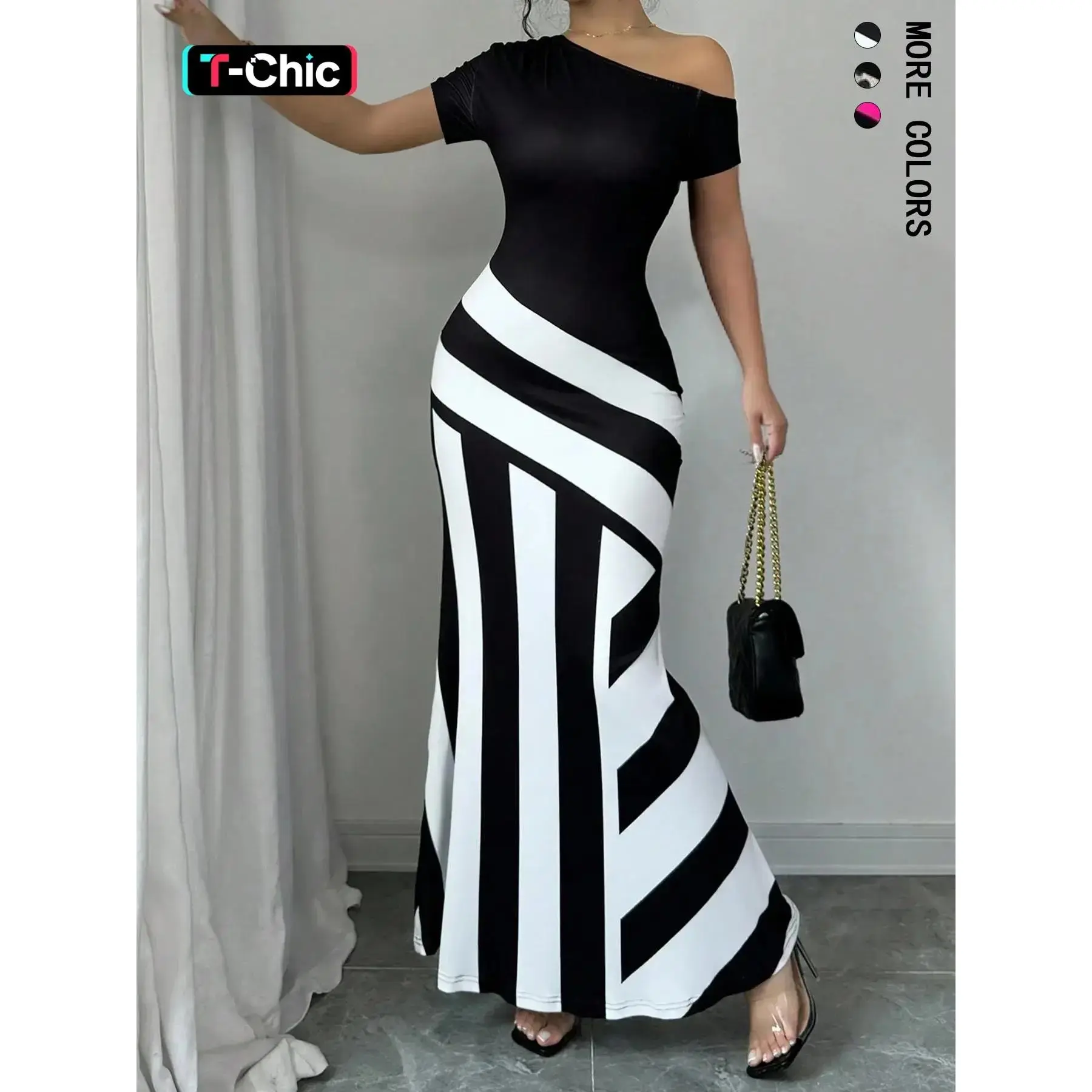 Valentine's Day Women's Colorblock  Asymmetrical Neck Mermaid Dress, Elegant Chic Short  Sleeve Formal Dress for Party Holiday Wedding Guest, Ladies Summer Clothes, elegant fashion dress, Womenswear