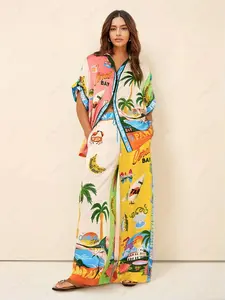 LikeMyChoice Tropical Print Two Piece Set Women Summer Vacation Outfit Oversized Button Down Shirt Wide Leg Pants Resort Wear Beach Loungewear