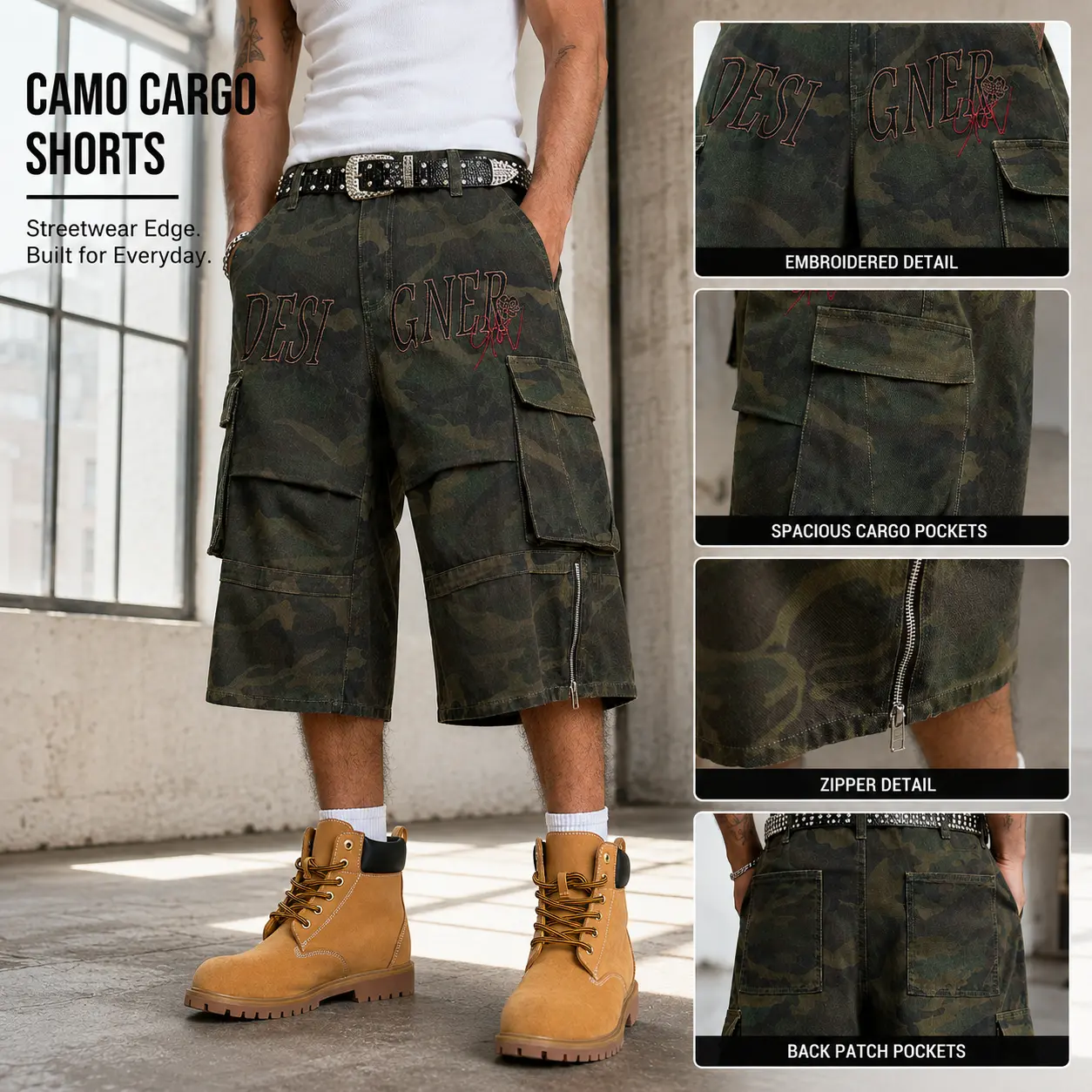 Men’s Camo Cargo Shorts, Oversized Loose Fit Knee Length Streetwear Shorts with Embroidered Detail, Large Multi Pockets and Zipper Hem, Casual Utility Bermuda Shorts for Summer, Festivals, Hip Hop Style, Outdoor Activities and Everyday Wear