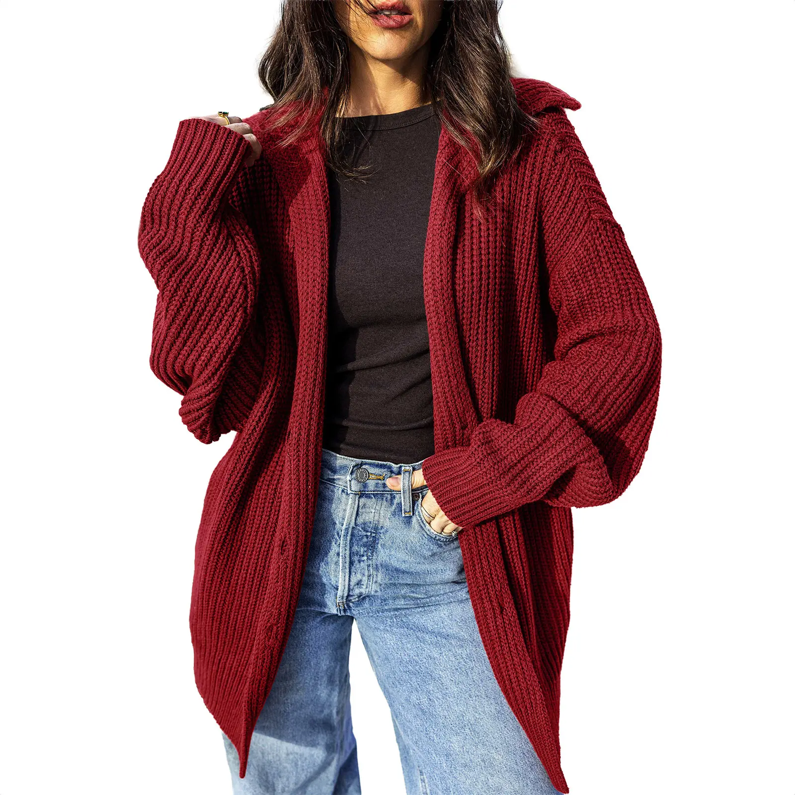 Asvivid Women Oversized Chunky Knit Cardigan | Collared Button Front Longline Drop Shoulder Pocket Sweater Warm Casual Winter Wear sohochic