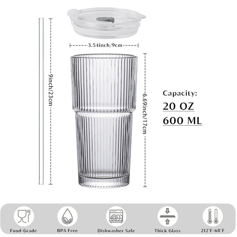 Set of 2 - 20oz Ribbed Glass Tumblers w/ Lids & Straws | Shatter-Resistant & Elegant | Leak-Proof Lid for Cold Drinks, Slushies, Ice Tea & More BritLuxuryFinds kitchen gadgets