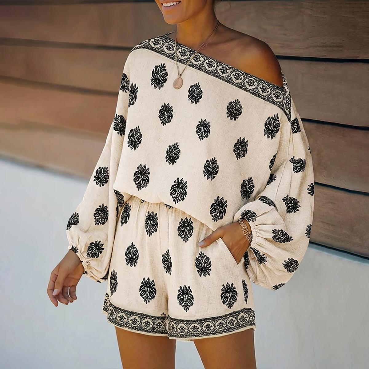 ChicMe Women's St. Patrick's Day Boho 2 Piece Set Skew Neck Lantern Sleeve Top & Elastic Waist Shorts Outfits Casual Vintage Baroque Print Vacation Set