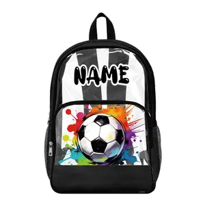 Children’s Custom Name Transparent School Backpack, Football Theme Clear PVC Rucksack, Lightweight Everyday Book Bag with Front Zipped Pocket, Roomy Main Section, Side Mesh Pockets and Easy View Storage for School Essentials