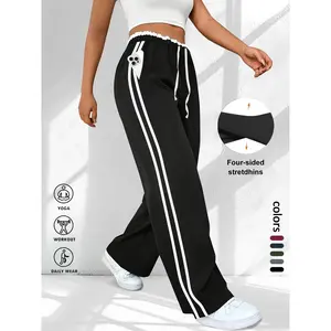 Plus Size Women's Wide-Leg Elastic-Waist Sweatpants with Drawstring Waist Athleisure, Frill Trim and Pockets Design, Sporty Side-Stripe Trousers for Various Occasions