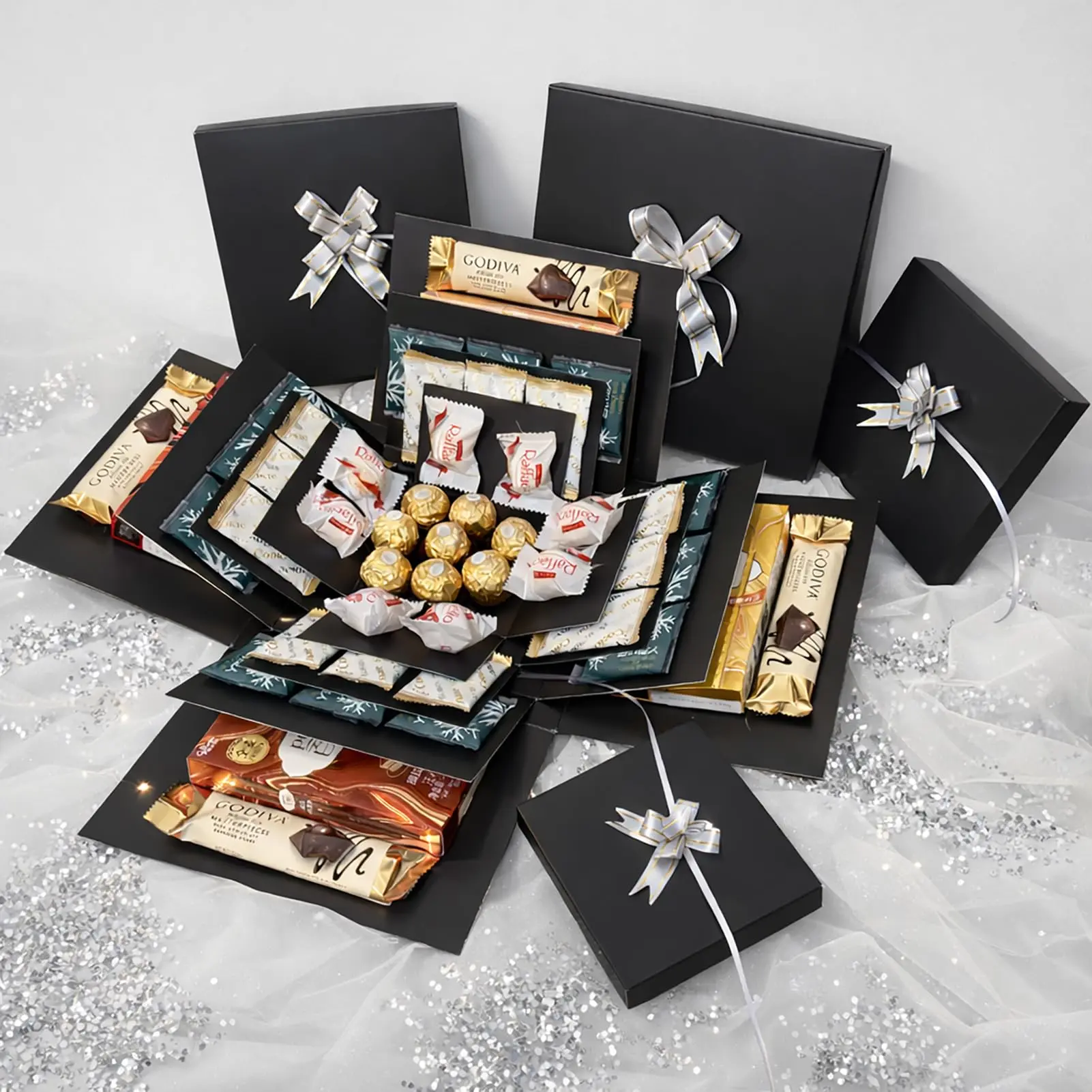 4-layer "Explosion" gift box, 10″ x 10″ x 7″, black creative gift boxes for gifts, DIY "Explosion" surprise gift box for birthdays, Easter, Mother's Day and Father's Day as well as anniversaries (black)